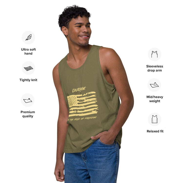 Man wearing green tank top with yellow American flag that says "Courage is the price of freedom".