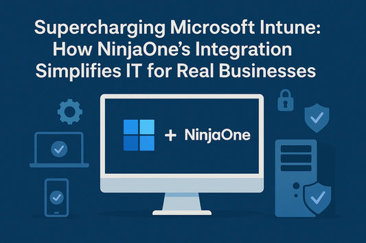 Blue graphic with text about supercharging Microsoft Intune using NinjaOne integration for business IT