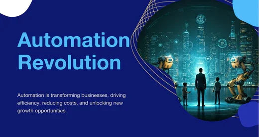 Automation revolution concept with robots and business people in futuristic city, efficiency and growth