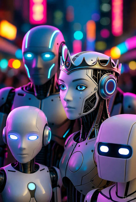 Futuristic robots with glowing blue eyes and neon lights, one wearing a silver crown in a vibrant cityscape