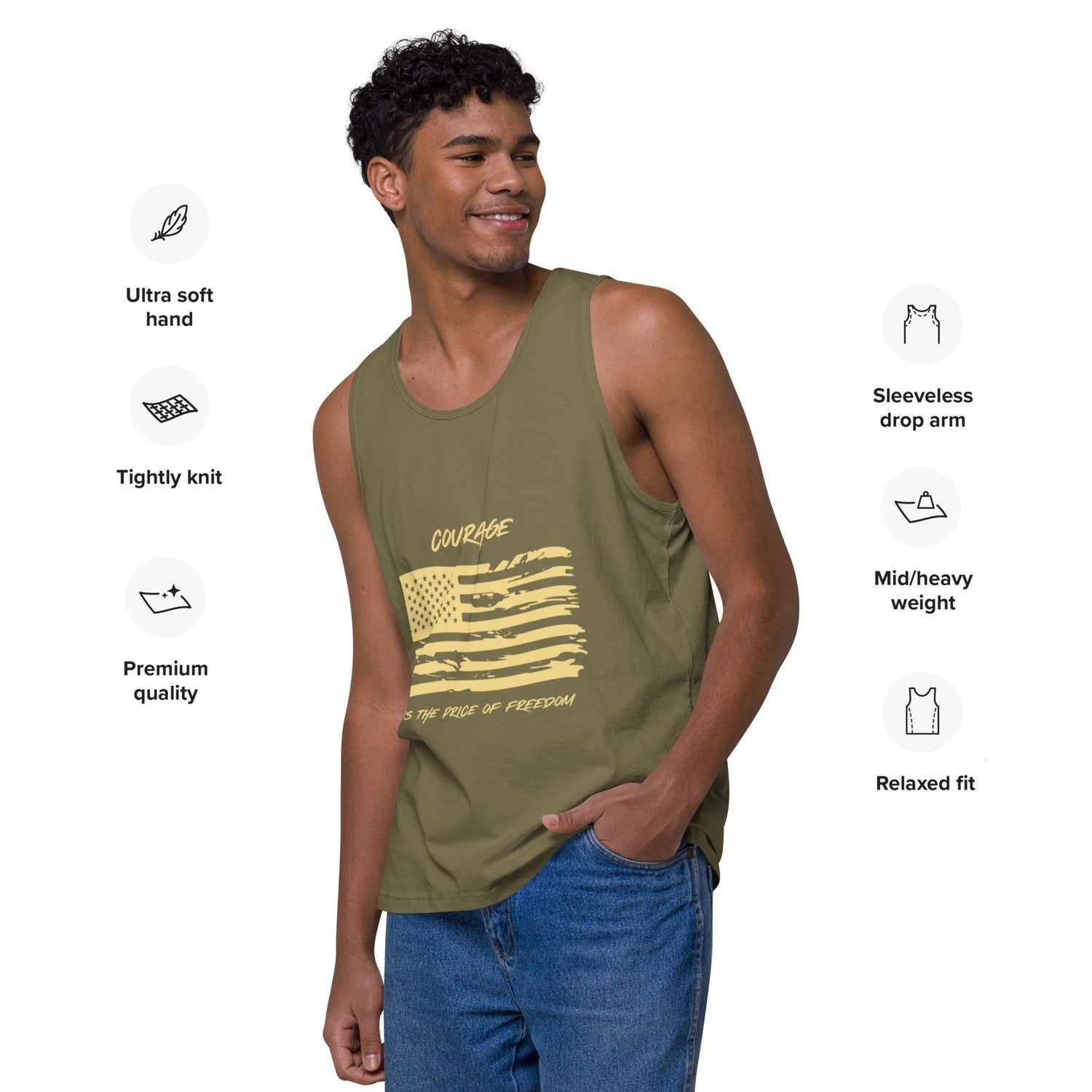 Man wearing green tank top with yellow American flag that says "Courage is the price of freedom".