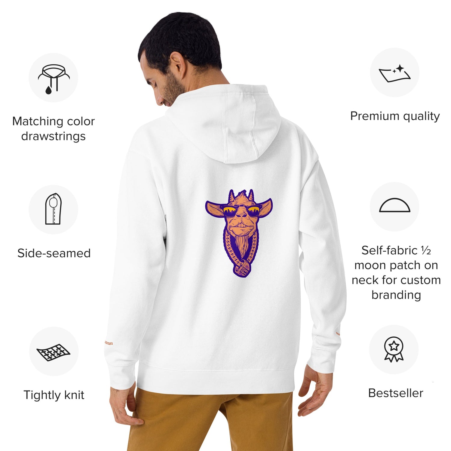 Man wearing a white hoodie with a colorful goat on the back. Product features are displayed.